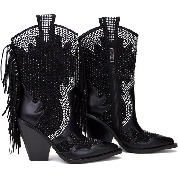 Feinlina Black Western Cowboy Boots Women Pointed Toe Chunky Heel Tassel Style - Picture 2 of 6